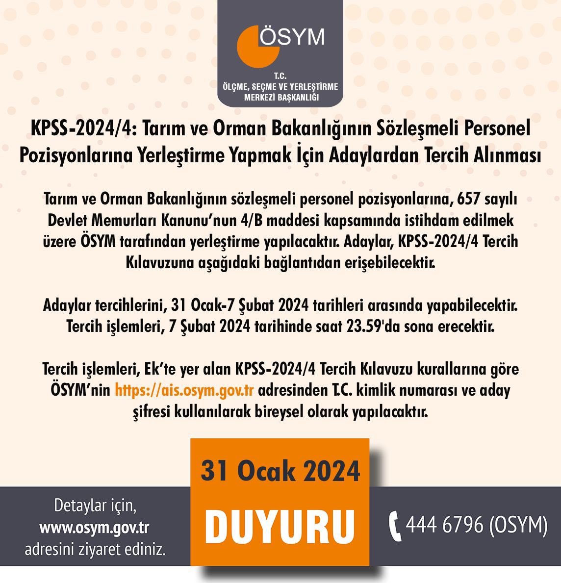 OSYMbaskanligi's tweet photo. KPSS-2024/4: Tarım ve Orman Bakanlığının Sözleşmeli Personel Pozisyonlarına Yerleştirme Yapmak İçin Adaylardan Tercih Alınması

https://t.co/bWjKLTFS9m https://t.co/DdsWOI7Gyh