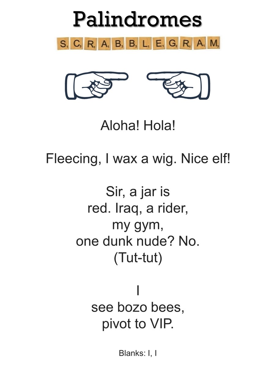 dc_scrabblegram's tweet image. SCRABBLEGRAM* OF THE DAY
Palindromes 🔁

1/31 is National Backwards Day (really!).

Seems as good a day as any to share this silly 'gram where every line is a palindrome. 👉👈

(bonus 'gram later today)

*Uses all 100 Scrabble tiles.

#palindrome, #palindromes, #backwards
