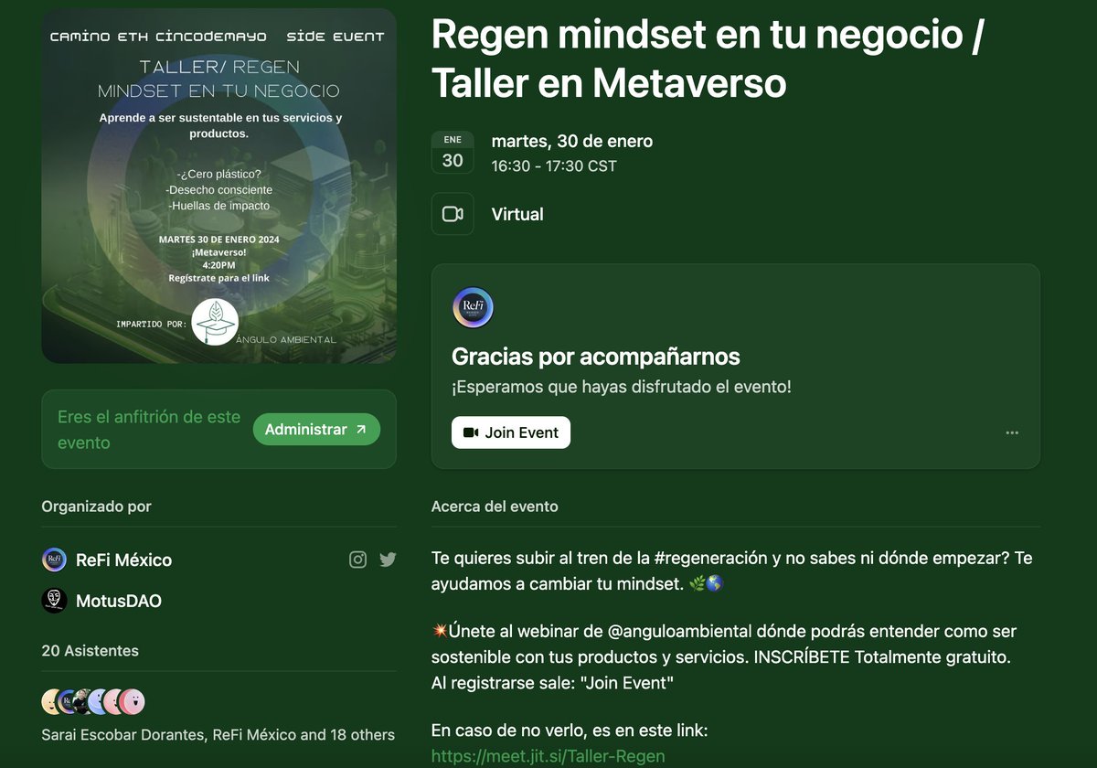 ReFiMexico's tweet photo. Queremos expresar un agradecimiento a Dorian, de @anguloambiental por el taller que nos compartió sobre cómo integrar un enfoque regenerativo en la creación y administración de proyectos y emprendimientos.
¡Empezando la #invasionRegen rumbo a @ETHCincoDeMayo! https://t.co/NvNZDdUZ7X
