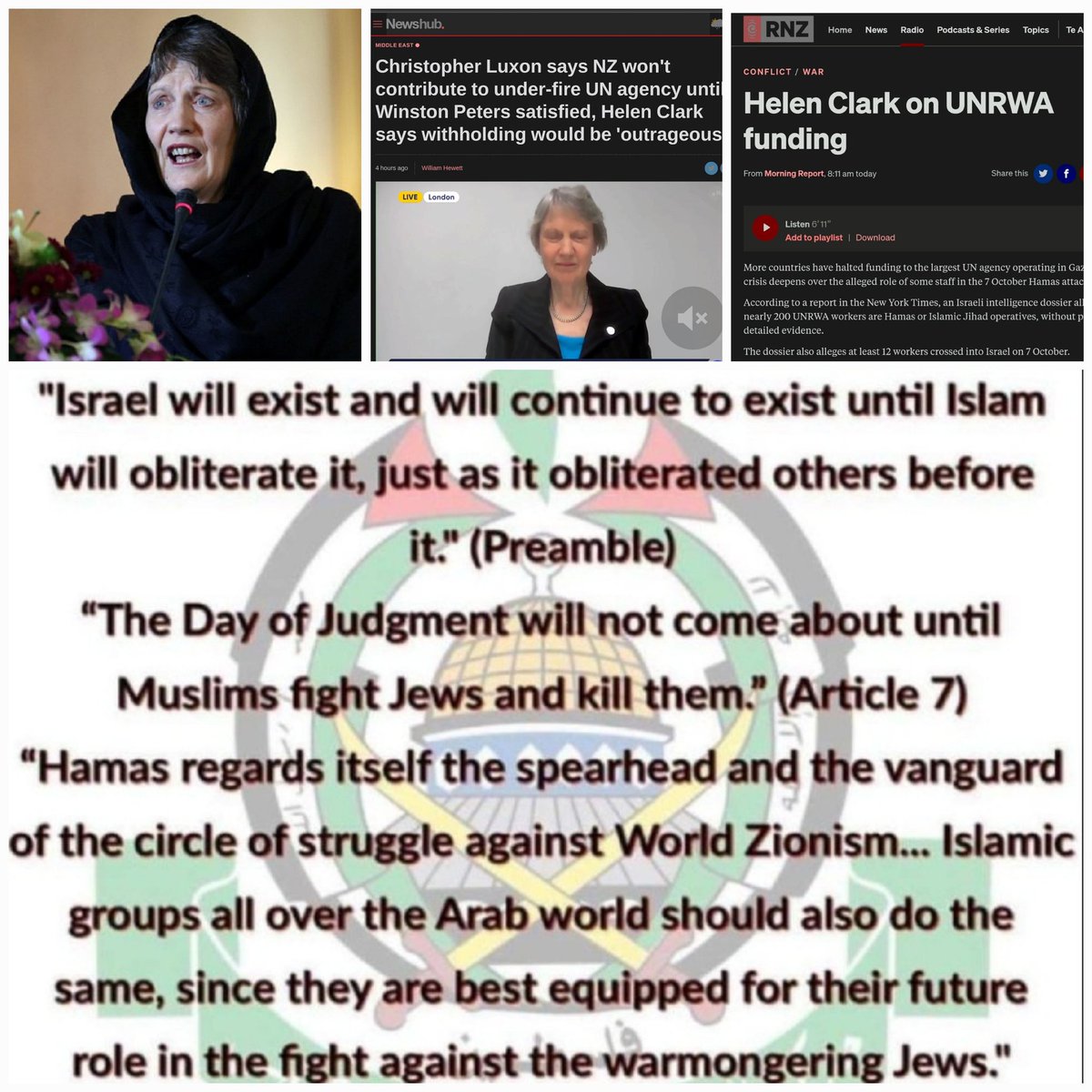 Why did @HelenClarkNZ support the terrorist Charter of Hamas ?
When Helen Clark was a @UN official from 2009 to 2017 Clark, Hamas was using @UNRWA  resouces to build a terrorist enclave under her nose and was silent 
Why?
@rnz_news @1NewsNZ @NewstalkZB @NewshubNZ  @nzherald…