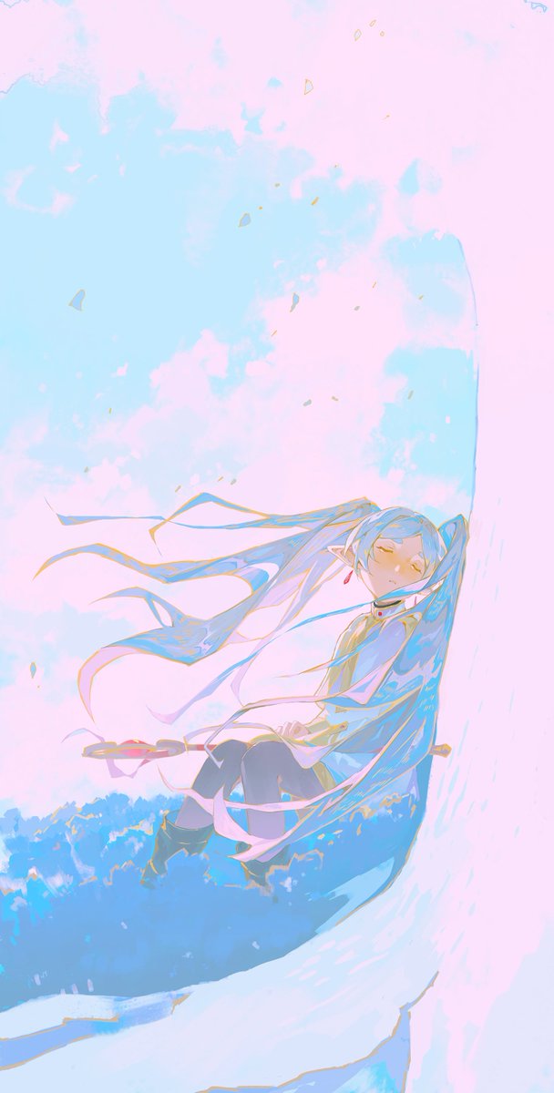 frieren 1girl solo twintails long hair closed eyes sitting sky  illustration images