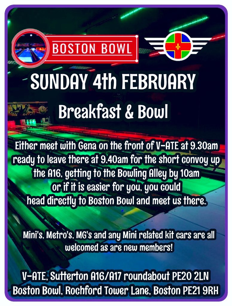 LincsMiniOwners's tweet photo. Join South Lincolnshire Mini Owners Club at Boston Bowl, 10am Sun 4th Feb 2024. #Mini #Metro #MG #KitCar #MiniBased https://t.co/iF1MTnJ5mr