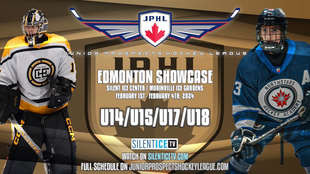 JrProspectsHL's tweet photo. Silent Ice Center and Morinville Ice Gardens will be home to 56 JPHL games this Thursday to Sunday.
31 teams across 4 divisions will be competing!
All broadcasts live on https://t.co/6I8ruZgpse and broadcasted by @4vengeancemedia
#OurModel #YourChoice
#CharterFlights ✈️ https://t.co/h3Pc0Sws8N