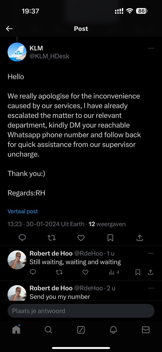 RdeHoo's tweet photo. #klm #klm_hdesk it's getting impressive. What a shit show KLM, my flight for later still says cancelled. I understand you really don't care, but I feel slightly different.😡

Not only a terrible service, but apologizing, we're really sorry and still nothing happens...discrace😡 https://t.co/aBVErlBhi7