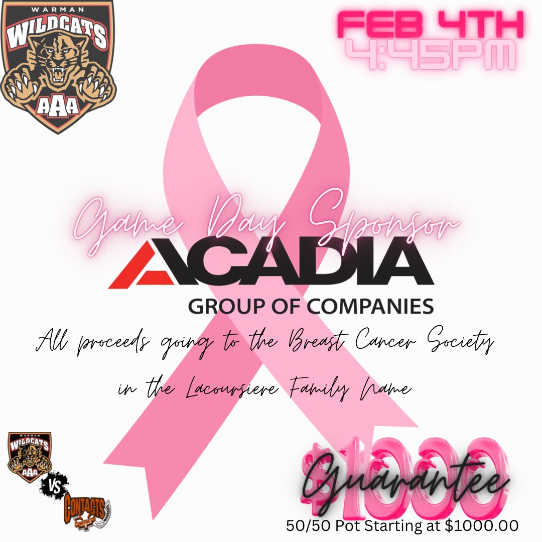 AAAWarman's tweet photo. On Sunday February 4th, 2024 at 4:45pm, The Wildcats will be hosting the Saskatoon Contacts here at the WHCC.
Acadia Group of Companies has donated a $1000 to the 50/50 pot! All 50/50 Sale proceeds will go to the Breast Cancer Society in the Lacoursiere Family Name! 
💕 https://t.co/RHzcckyW0r