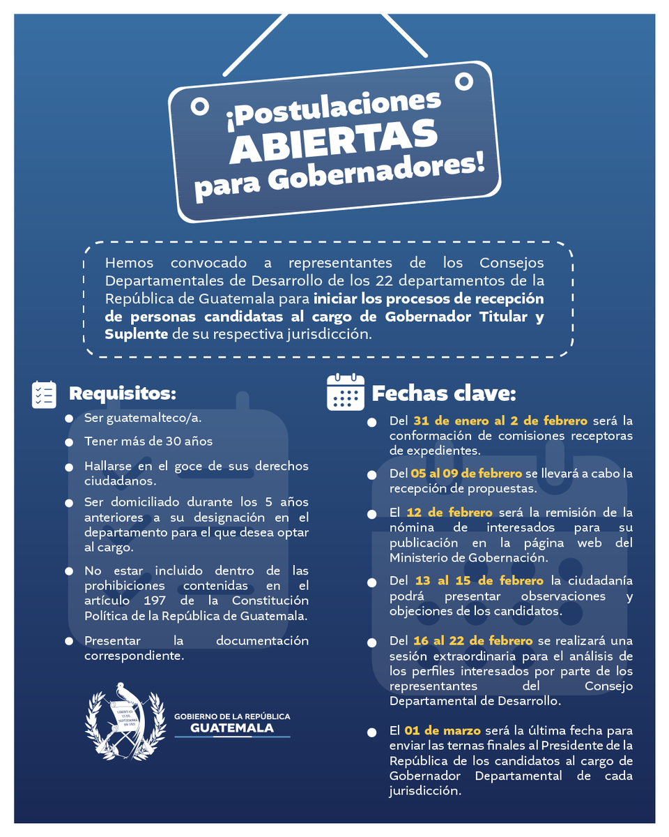 BArevalodeLeon's tweet photo. ¡Postulaciones abiertas para Gobernadores Departamentales! 

Buscamos líderes transparentes, comprometidos y dispuestos a servir a sus departamentos. Aquí les comparto los requisitos para postularse en este proceso histórico para que Guatemala avance. 🇬🇹 https://t.co/Ubvi2gvmXg