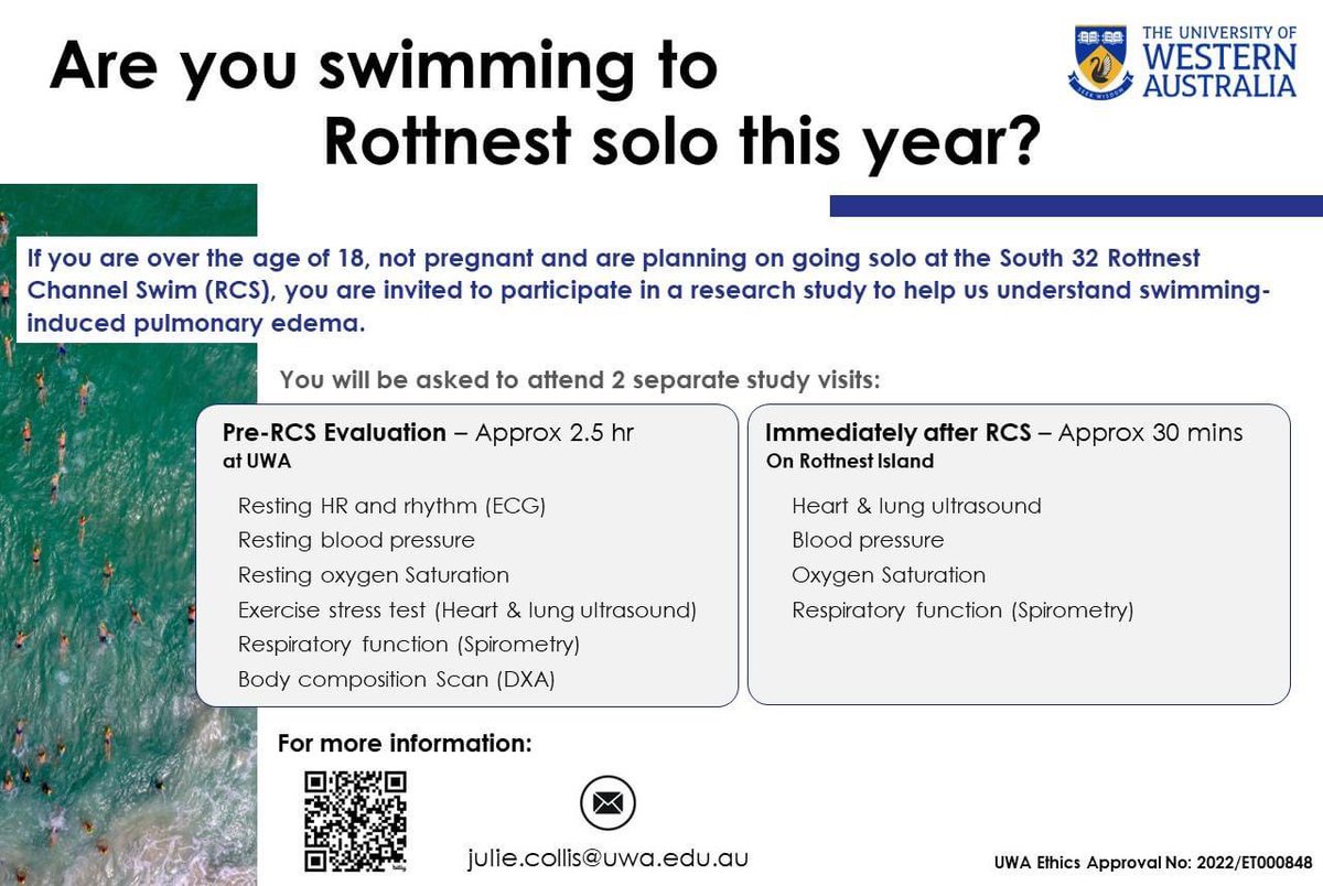 Grant Landers (@prof_landers) on Twitter photo Swimming to Rott Solo?
We are continuing our research on swimming-induced pulmonary edema #SIPE at the <a href="/RottoSwim/">South32 Rottnest Channel Swim</a> and would love to hear from you.
Check out the participant info sheets for pre & post swim testing bit.ly/UWASIPEStudyA or just post swim
bit.ly/UWASIPEStudyB Swimming to Rott Solo?
We are continuing our research on swimming-induced pulmonary edema #SIPE at the <a href="/RottoSwim/">South32 Rottnest Channel Swim</a> and would love to hear from you.
Check out the participant info sheets for pre & post swim testing bit.ly/UWASIPEStudyA or just post swim
bit.ly/UWASIPEStudyB