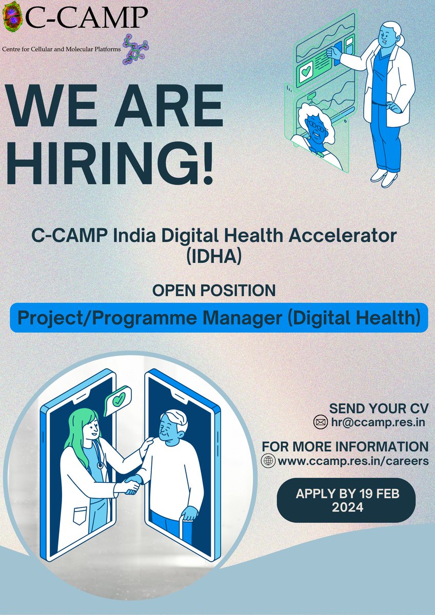 CCAMP_India's tweet photo. CCAMP is #hiring! We are looking for a Project/Programme Manager for CCAMP #IDHA - India Digital Health Accelerator. If you’re driven by the desire to nurture breakthrough technologies in Digital Health, AI-ML, or Data Science, we want to hear from you!
Send your detailed CV to hr@ccamp.res.in by February 19, 2024.
Apply now and join the team of innovators and changemakers at @CCAMP_Bangalore!
More details: https://t.co/pWHZIvB4dD
@Taslimarif