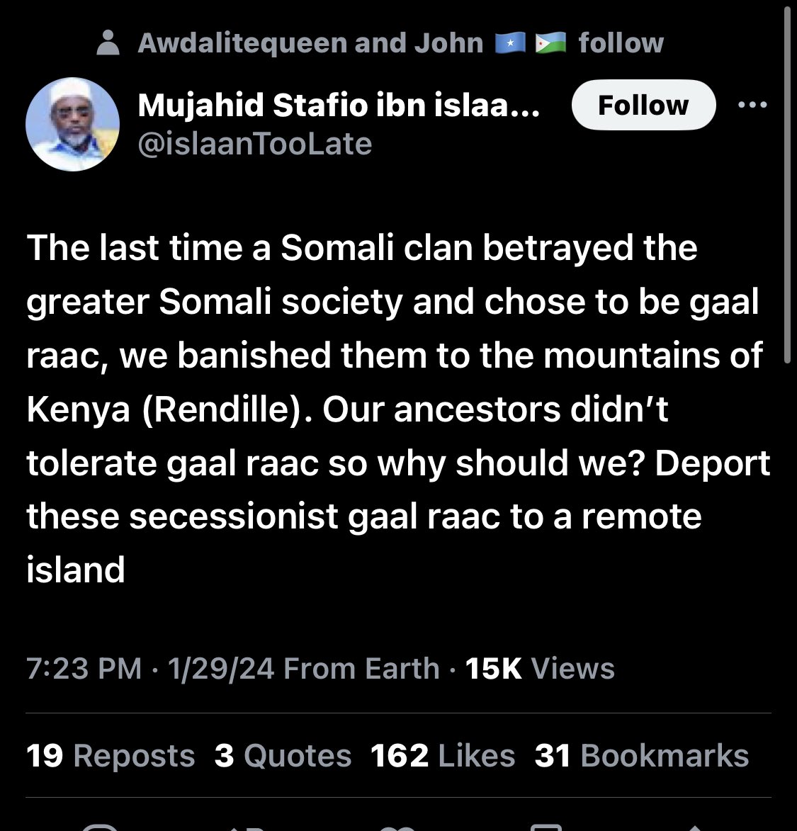 DrCaaro's tweet photo. BREAKING NEWS 🚨 | A sitting member of the UNITED STATES CONGRESS has retweeted and quoted an ALSHABAB sympathizer! A person who has called for the mass extermination and exodus of THE NATIVE ISSAQ people of Somaliland! 

#AmericaFirst #IlhanFaqashGate #IlhanmustGo https://t.co/9HD3UKNrJA
