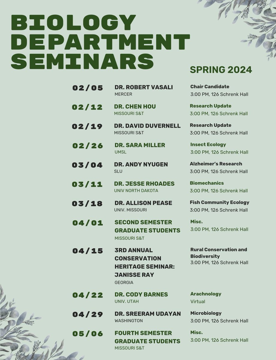 Helix is excited to help promote the Missouri S&amp;T Biology Department Seminars for the spring semester!