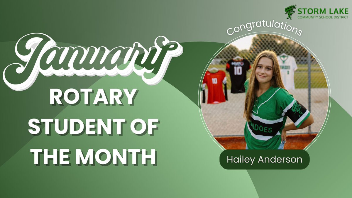 StormLakeCSD's tweet photo. Hailey Anderson is the January 2024 Rotary Student of the Month! Hailey is a senior who is involved in volleyball, track, softball, basketball manager, and National Honor Society. Next year, Hailey plans to attend Nebraska Wesleyan University. Congrats Hailey! #AmericasSchool https://t.co/zFu5QS5xNu