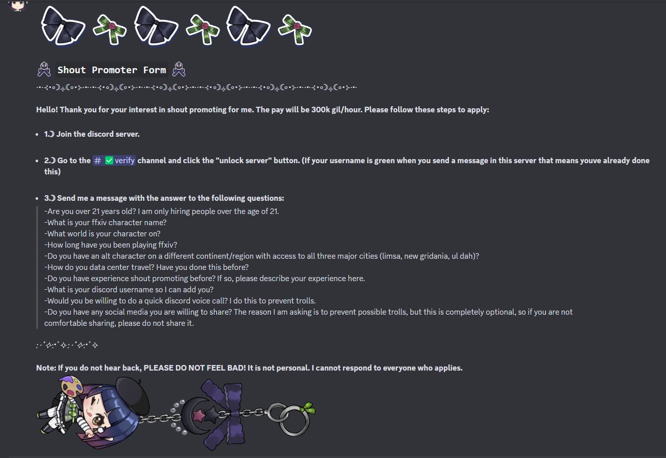 ♰ ༻ on X: “Hiring in game ffxiv shout promoters for 300k gil/hr 