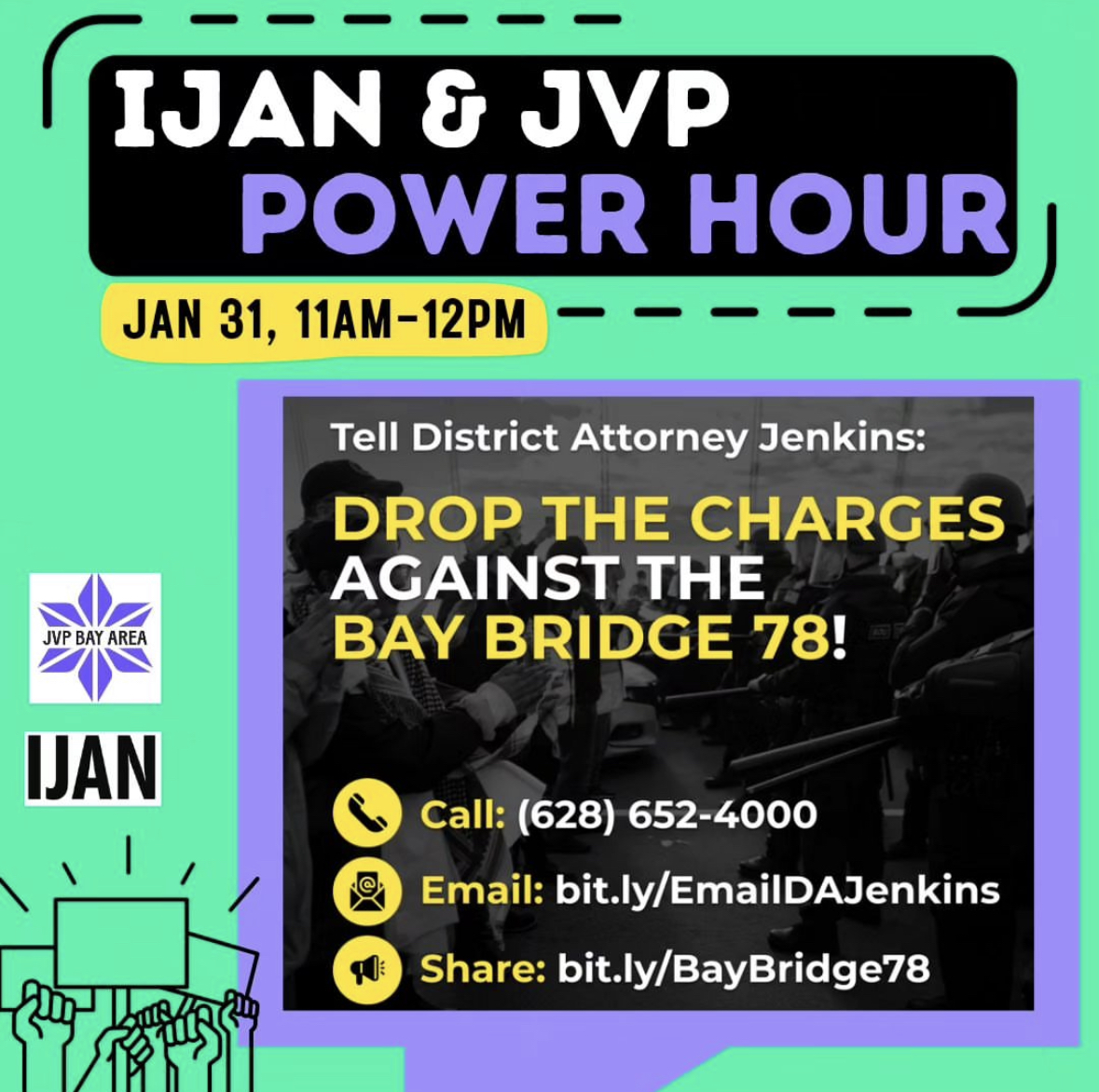 The #BayBridge78 are back in court this Thursday & Friday!

Join us tomorrow by calling or emailing the DA and join us in person Thursday & Friday to pack the court and demand that DA Jenkins drop the charges now!