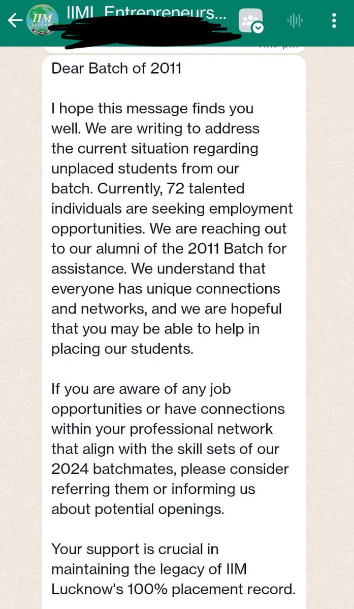 IIM Lucknow is reaching out to alumni to help them with placements. 

It is “crucial to maintain the legacy of IIM Lucknow’s 100% placement record”. 

It isn’t about 5-10 people but 72 candidates at IIM-L do not have a job. 

Imagine the status at other B-schools.