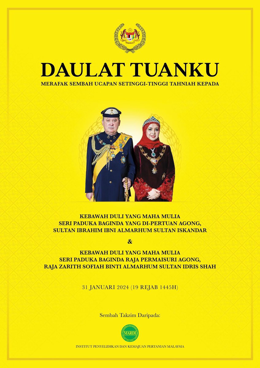 DAULAT TUANKU

MERAFAK SEMBAH UCAPAN SETINGGI-TINGGI TAHNIAH

#bettermardi 
#penerajuinovasiagroteknologi 
#mardiberinovasi