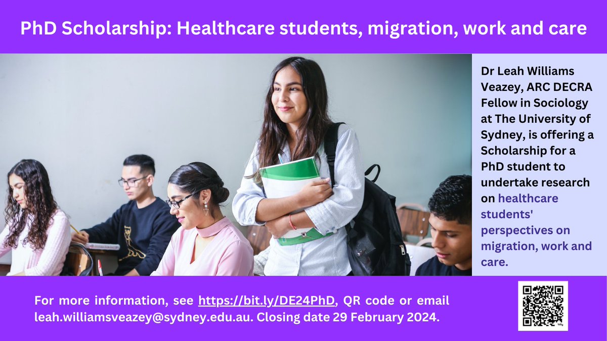 📢PhD Scholarship @Usyd_ssps @Sydney_CHS (Healthcare students, migration, work & care) - open for applications! As part of my DECRA Fellowship on healthcare worker migration & care, I have a PhD scholarship for a student to research healthcare students bit.ly/DE24PhD