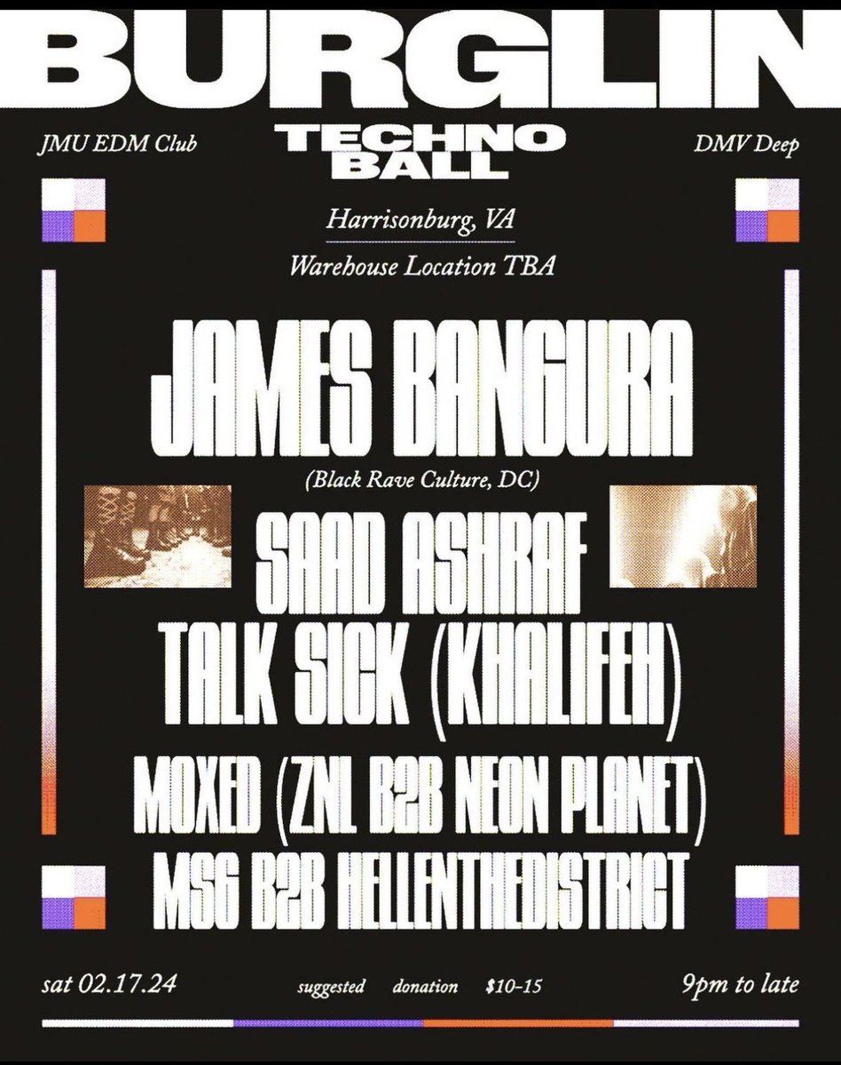 New year new antics - now throwing a warehouse rave in your local college town. Honored to revive our partnership with the JMU EDM club for the 6th edition of our techno hall with the one and only  <a href="/JamesBangura/">Shoot_The_Jay</a> as special guest 👊🏽👊🏽👊🏽