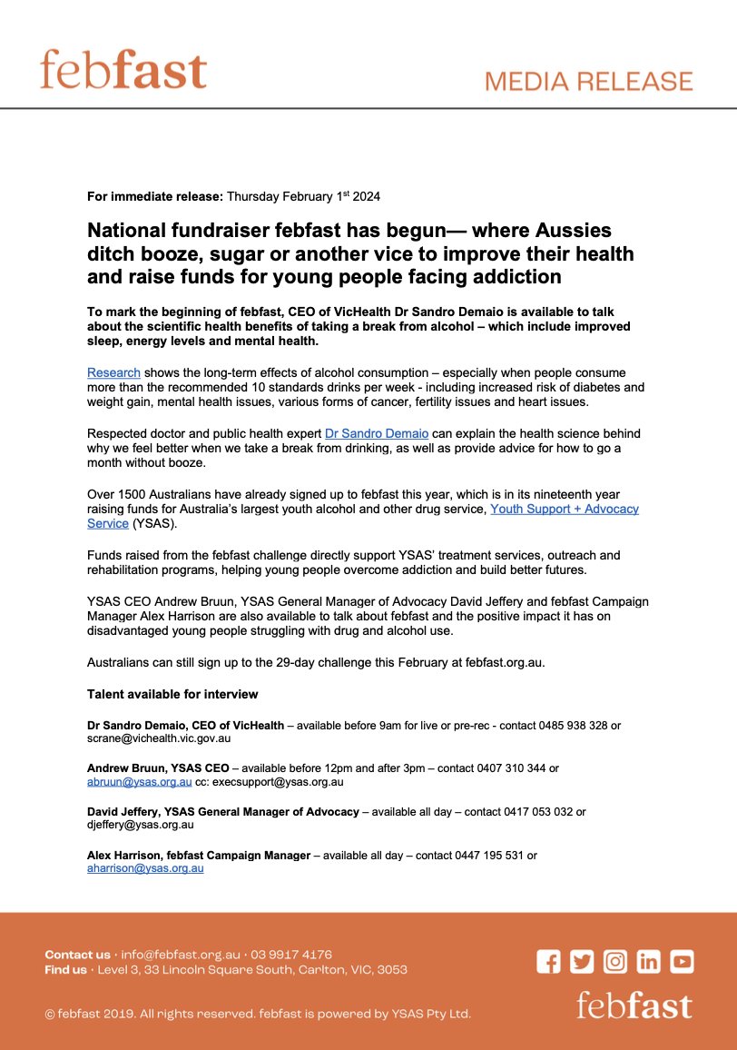 febfast Australia (@febfastaus) on Twitter photo MEDIA RELEASE: National fundraiser febfast has begunā where Aussies ditch booze, sugar or another vice to improve their health and raise funds for young people facing addiction
More at ysas.org.au/news/febfastdrā¦
Media contact 0417 053 032 or info@febast.org.au MEDIA RELEASE: National fundraiser febfast has begunā where Aussies ditch booze, sugar or another vice to improve their health and raise funds for young people facing addiction
More at ysas.org.au/news/febfastdrā¦
Media contact 0417 053 032 or info@febast.org.au