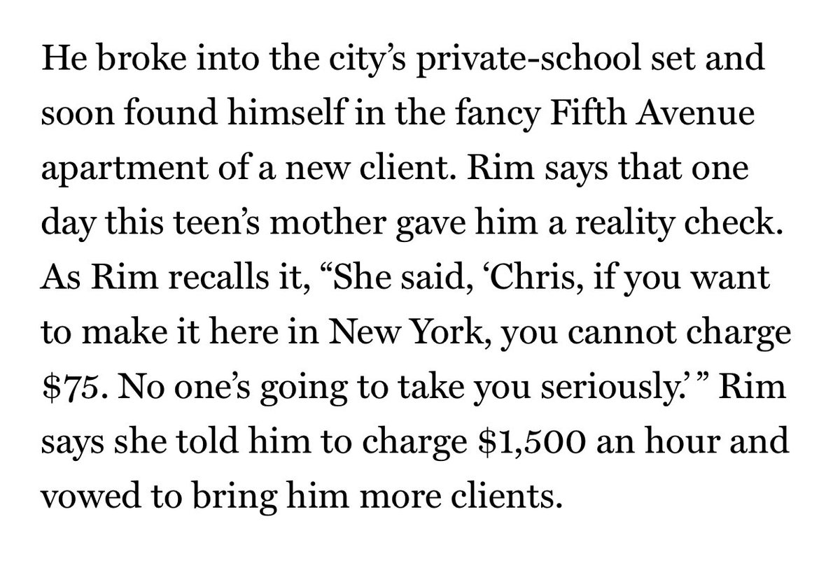 Fascinating read: nymag.com/intelligencer/…

The peer “mentors” make $50-70k base and up to $200k if students get into the school of choice. 

Also this great nugget on pricing theory: need to charge more to look credible.