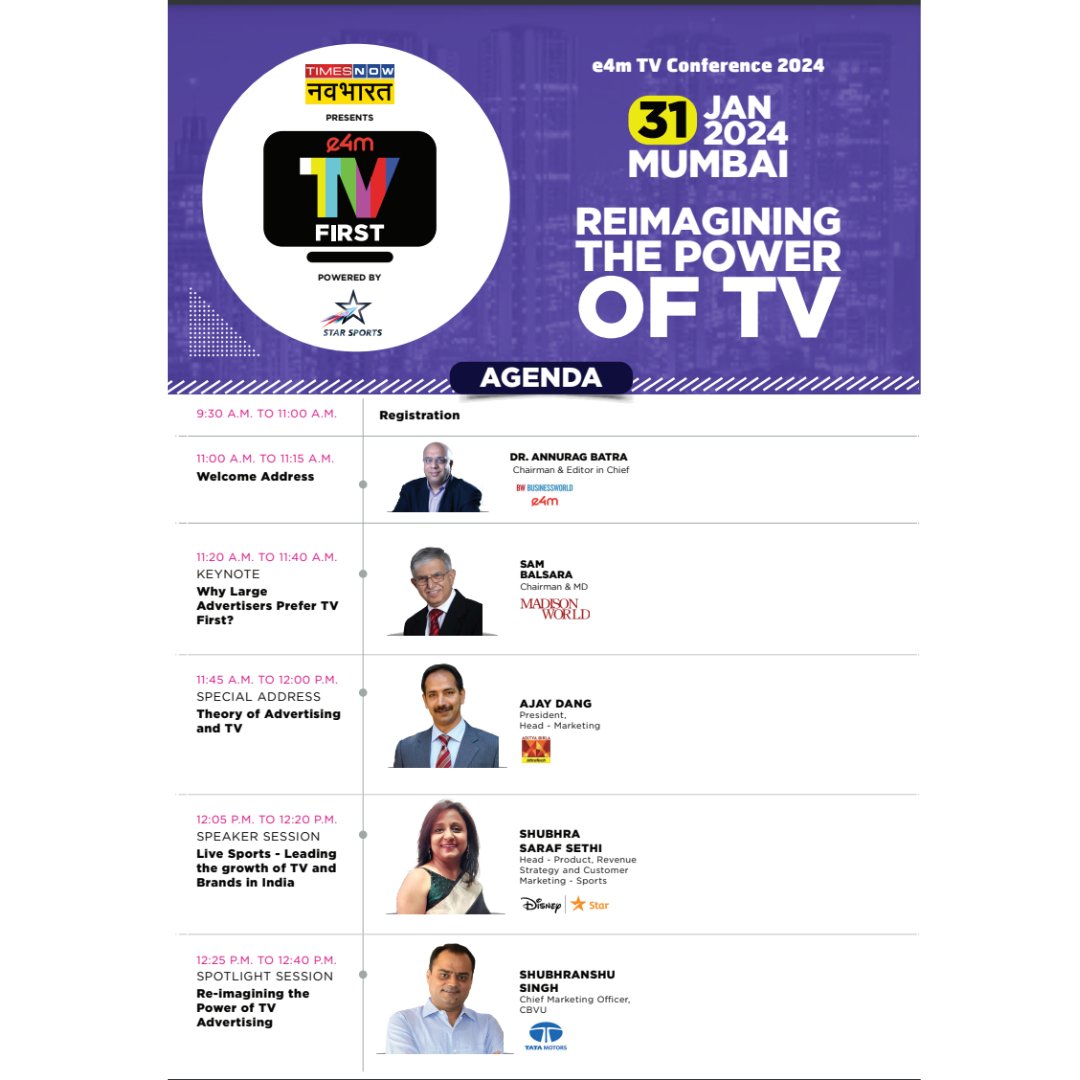 e4mtweets's tweet photo. 📺The agenda for #e4mTVFirst Conference'24 is power-packed with thought-provoking sessions on immersive experiences, interactive storytelling, and the evolving role of television in a digitally connected world, shaping the industry's trajectory. Have a look! 

#TVConference #TVAdvertising #SportsMarketing #BrandLeadersUnite #TelevisionTrends #PowerOfTV #FutureOfTelevision