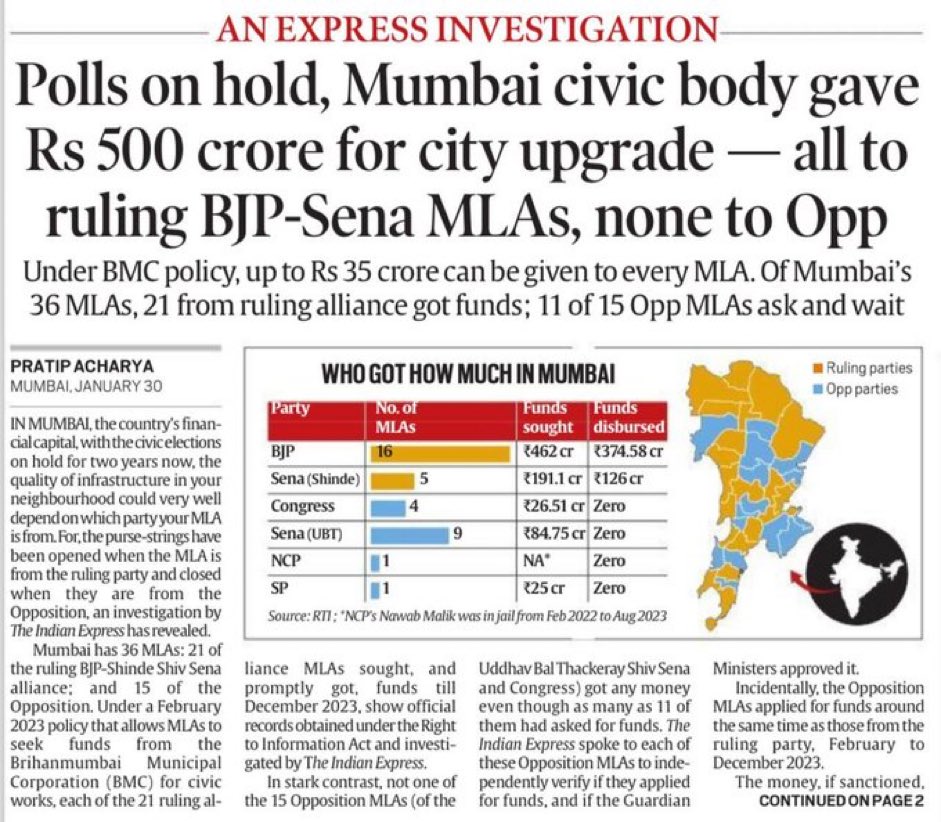 Story that caught my eye: Rs 500 crore for Mumbai upgrade given by BMC to MLAs, all funds according to an RTI finding went to ruling party MLAs in Mumbai , nothing to opposition MLAs! When will civic body realise that this money is TAX PAYERS, mine and yours, city belongs to…