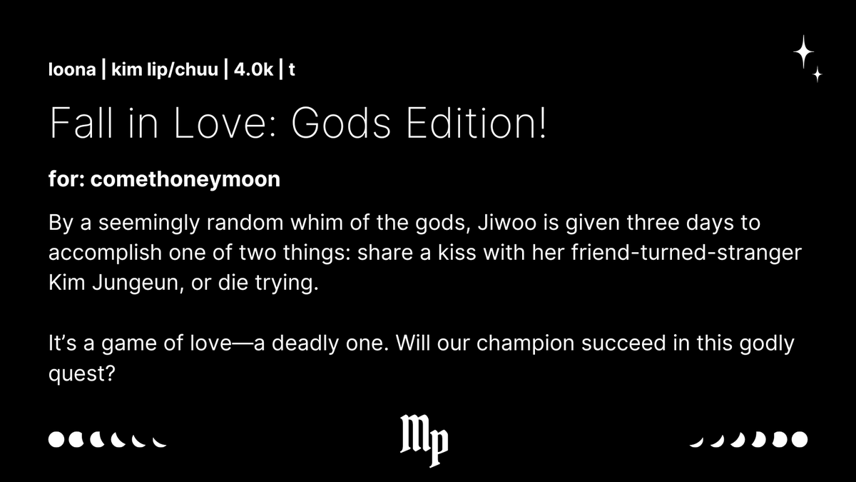 moonlightfest12's tweet image. Fall in Love: Gods Edition! 
— For: comethoneymoon 
— Word Count: 4.0k 
— Rating: Teen archiveofourown.org/works/53417260/