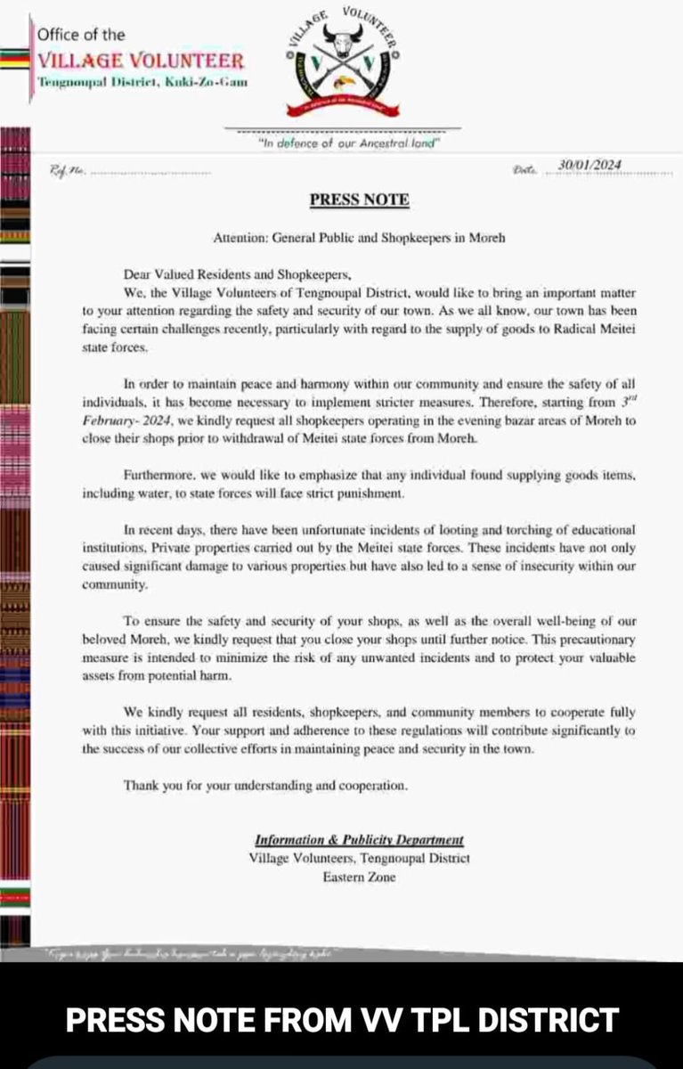 #UrgentNotice from #Kuki_zo Village Volunteers, #Tenoupal,#Moreh- is asking general public &amp; shopkeepers starting Feb 3, 2024,to close all evening-operating shops in #Moreh before the #MeiteiStateForces withdrawal.Any individual supplying goods or water will face strict
