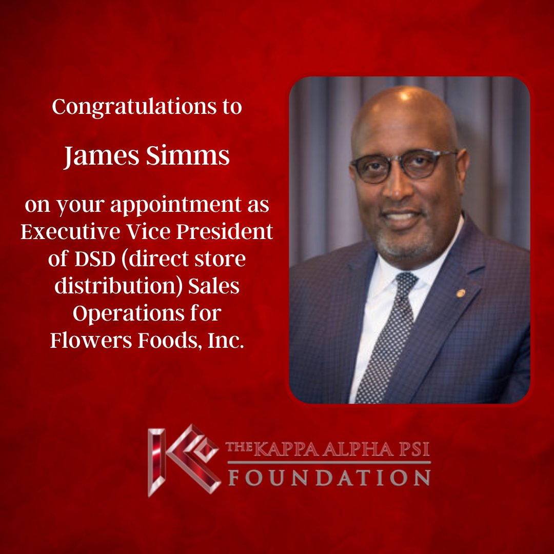 KFoundation1911's tweet photo. Congratulations to Foundation Director James Simms on his new appointment as executive VP of DSD (direct store distribution) sales operations for Flower Foods. 

#achievement @kapsi1911 https://t.co/XWnLeS5J9N
