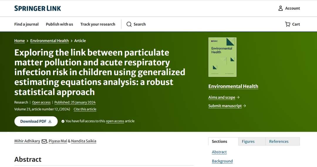 Recent research by Mihir Adhikary, Piyasa Mal, and Prof. @nanditajnu, provides valuable insights into the integration of satellite-based gridded air pollution data with DHS data for analyzing the health effects of air pollution at a macro level. DOI: doi.org/10.1186/s12940…