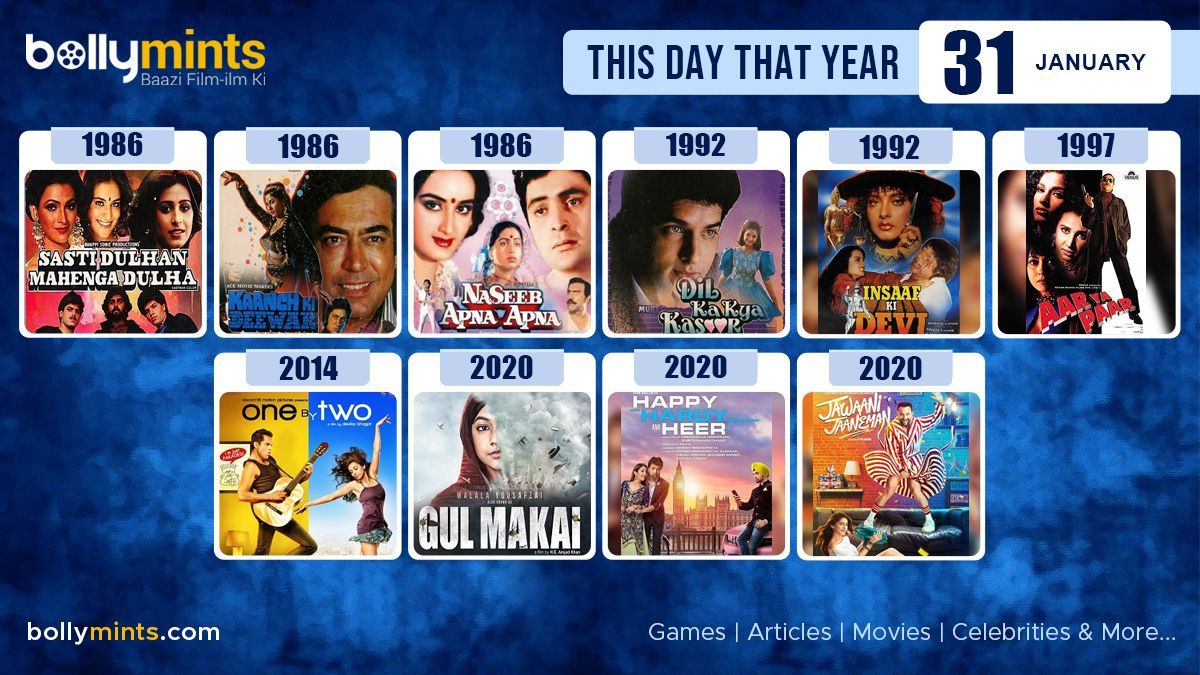 BollyMints's tweet photo. Here are the few #BollywoodMovies released on this day. Stay tuned at https://t.co/ohKmuyq9N0 for more #updates #ThisDayThatYear #31January #SastiDulhanMahengaDulha #KaanchKiDeewar #NaseebApnaApna #InsaafKiDevi #AarYaPaar #OneByTwo #GulMakai #HappyHardyAndHeer #JawaaniJaaneman https://t.co/NMGMQKueBz