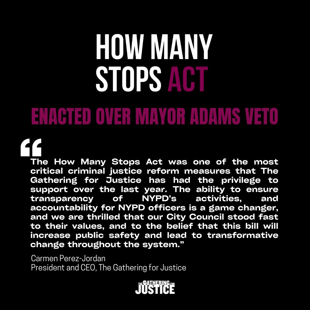 HUGE WIN for NYC! Thank you to the City Council members who stood up for transparency and accountability by overriding Mayor Adams’ veto of the #HowManyStopsAct