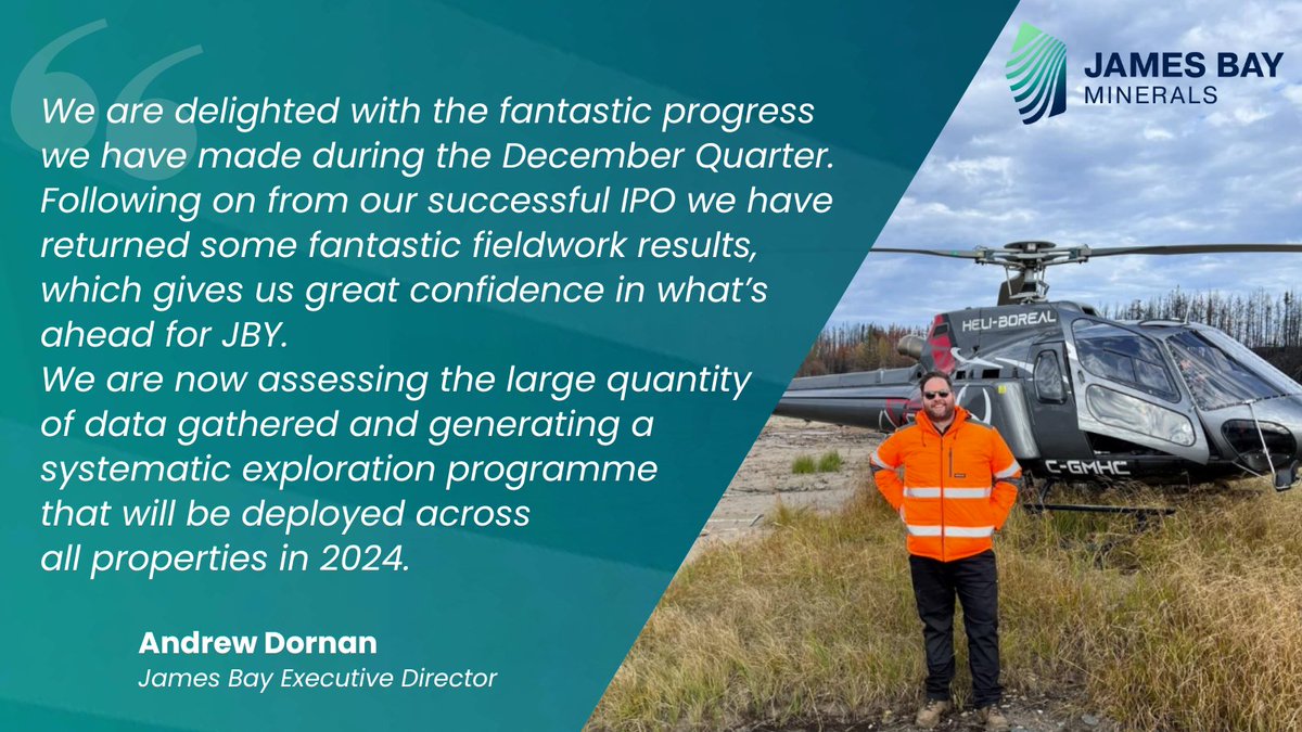 James Bay Minerals is pleased to present its December 2023 Quarterly Activities Report, during which it generated outstanding fieldwork results from its La Grande lithium project in the world-class James Bay province in Quebec. ow.ly/Xkbt50Qw7ro $JBY #lithium #exploration