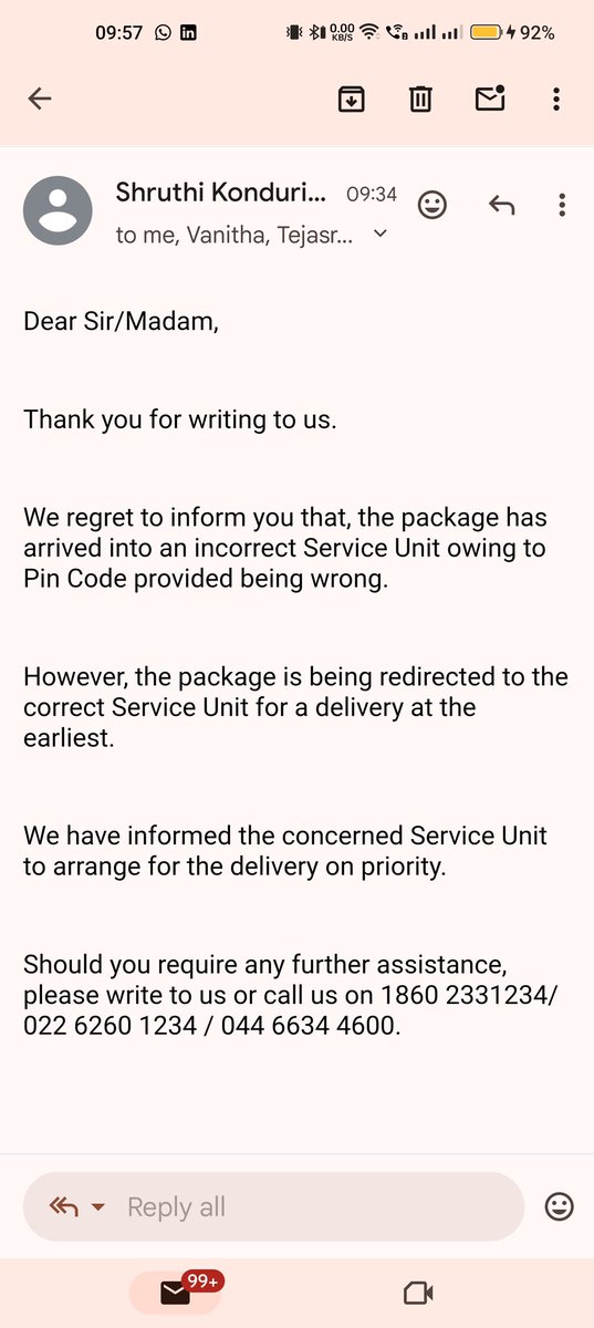 athenasious's tweet photo. @BlueDartCares @BlueDart_  #Bluedartareliars Prove that the pincode is wrong. The email that @OnePlus_IN sent with the waybill no is accurate. @oneplus please note that @BlueDart_ is falsely accusing you of wrong address. @ndtv @ndtvindia @the_hindu @republic https://t.co/rj4N0GxUe9