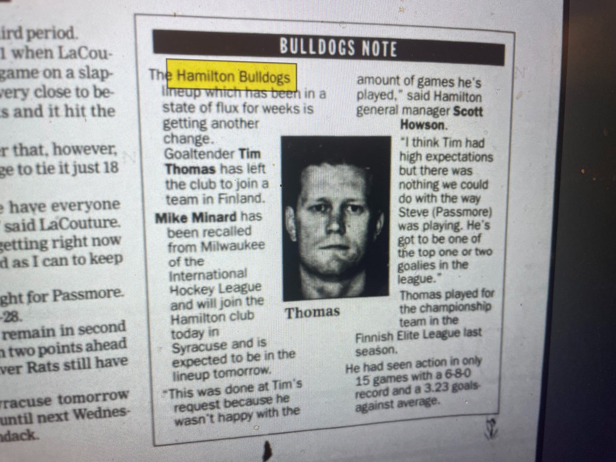 with AHL back in #hamont 2025 w/marlies. I reflect: Tim Thomas signs with Edm in 1998. Promised a spot/ playing time. Tim not sharp &amp; some bad home gps. Fan fav Steve Passmore took the gig . Tim only got in 15 of the first 48gps. Tim had enough &amp; quit. Tim had a great NHL career