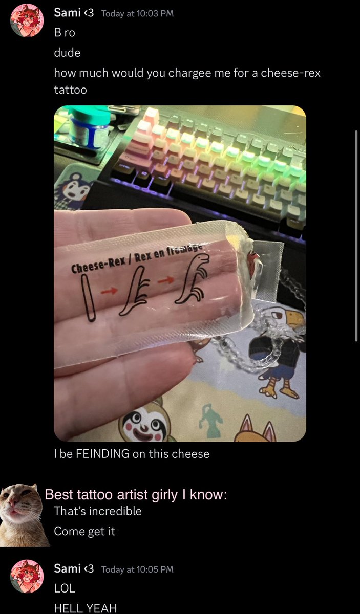 FlippinSami's tweet photo. Hey! Yo! @BlackDiamondCDN if I get the cheese-Rex tattooed on me, will y’all send me some cheese string merch. 👀💕🧀🪤 https://t.co/P1nYlfRJGx