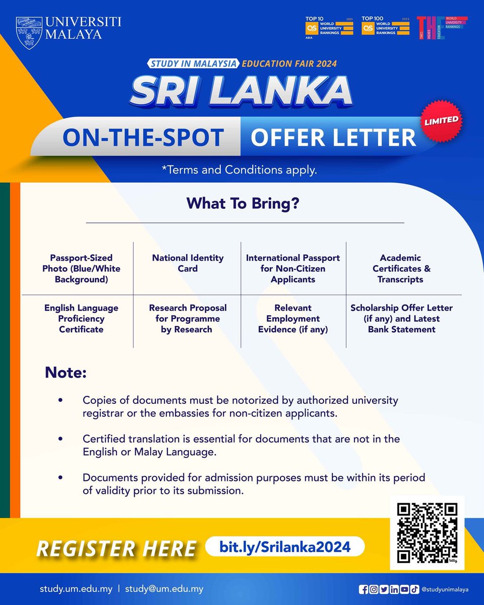 Discover academic excellence at the Study in Malaysia Education Fair 2024 Sri Lanka in Kandy, Batticaloa, and Colombo this February! Connect with Universiti Malaya, and secure on-the-spot offer letters. Pre-register at bit.ly/Srilanka2024 for exclusive insights. #studyatum