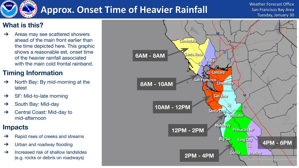 NWSBayArea's tweet photo. Some may see a few light scattered showers ahead of the cold front, but here is roughly when you can expect the main event to start. Widespread rain is forecast to last into Wednesday night.
#CAwx https://t.co/7mydqaQldG
