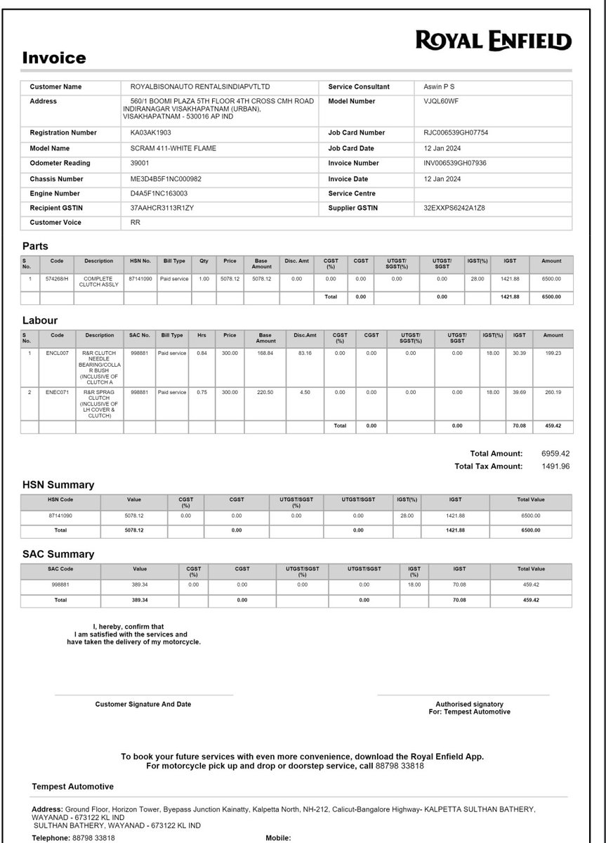 abhay1821's tweet photo. Scam!!! @royalenfield,  INR 11,232.28 was paid for repairs in Kalpeta, Kerala at Tempest Automotive on 1st Jan'24. No correct invoice received, billing discrepancies &amp; wrong license plate info. Need resolution. Complain No : cas-61636811-v9y2c0   #scam #royalenfield #Keralapolice https://t.co/Ix07GA9BdT