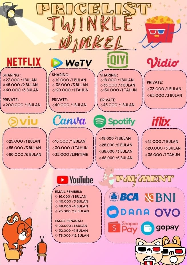 Menyambut awal bulan nih yuk yang mau nonton Netflix,iqiyi dll disini aja‼️
• Full garansi ✔️
• Legal ✔️
• Kualitas HD ✔️
• Trusted ✔️
• Fast Respon ✔️
Bisa bayar lewat BCA, BNI, Dana, Ovo, Shopeepay, Gopay  #Netflix #iqiyi #canva #wetv #zonaba #zonajajan #zonacuan