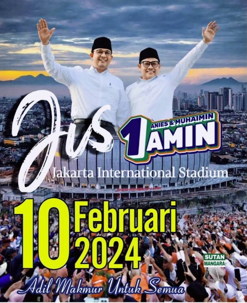 Kalau Melihat dan lewat di TL Anda Jangan lupa 🔄 ❤️ ✍️,
Biar Seluruh Pendukung Pasangan AMIN NOMOR SATU Seluruh Indonesia 🇲🇨 Tau Dan Bisa Hadir ✔ 

UNDANGAN TERBUKA KAMPANYE AKBAR ABAH ANIES DAN CAK IMIN
Di JIS Jakarta International Stadion 10 Februari 2024