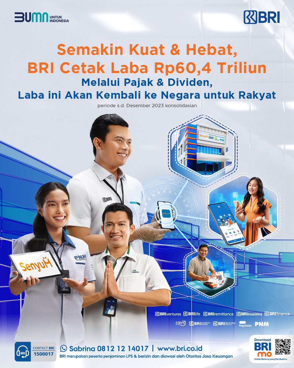 BANKBRI_ID's tweet photo. Hai Sobat BRI! Sepanjang tahun 2023, BRI semakin Kuat dan Hebat raih laba Rp60,4 triliun.🚀 https://t.co/pBrVFe7kWe