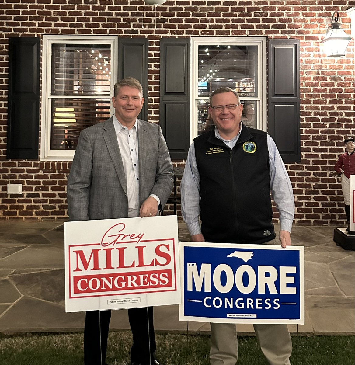 Ran into my friend Rep. Grey Mills who is running for Congress in the 10th District this evening. Looking forward to serving in Congress with him next year. #ncpol