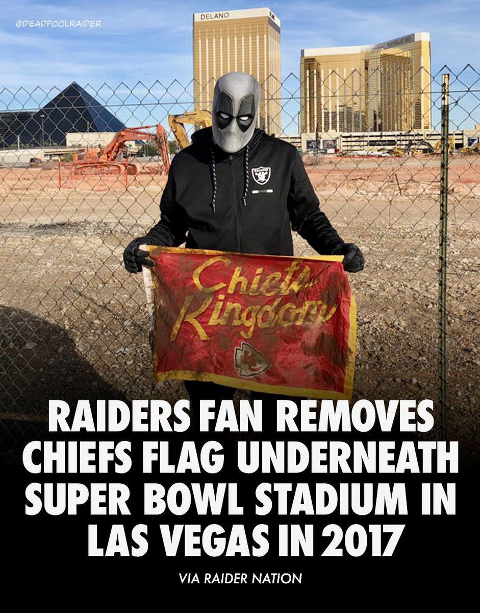 DeadpoolRaider's tweet photo. The Chiefs will not have so-called “Good Mojo” working when they step into Allegiant Stadium for the Super Bowl thanks to a loyal Raiders fan who removed the flag. 👀 @raiders @reviewjournal @espn @sportsillustrated #superbowl #superbowllviii #raiders #raidernation https://t.co/4Te0qAipyN