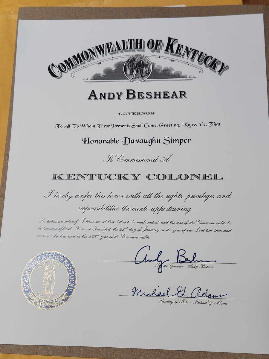 I am deeply honored and grateful to the Commonwealth of Kentucky and Governor Beshear for this honor.