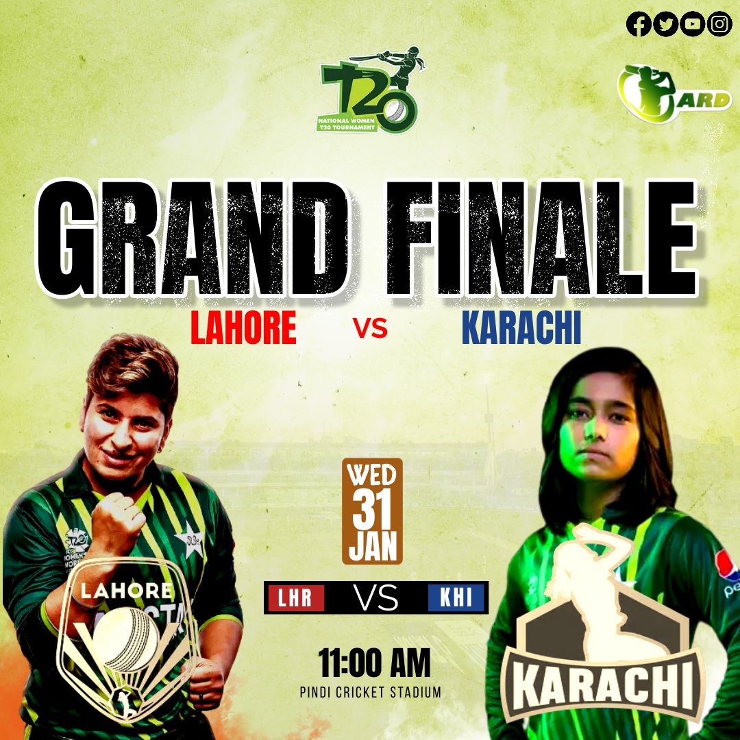 BATTLE LINES ARE DRAWN FOR GRAND FINALE AS FIERCEST RIVALS GO TOE TO TOE🔥🔥

Will it be Team Lahore or Team Karachi to lift the title?

#NWT20 #BackOurGirls #NidaDar #FatimaSana #LHRvKHI #TeamLahore #TeamKarachi #NationalWomenT20 #NWT20Final #SidraAmeen #CricketTwitter ||ARD