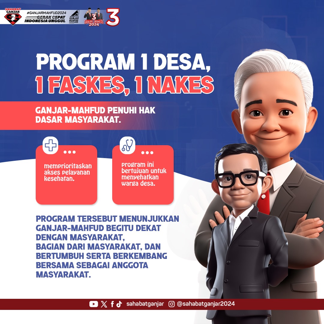 Ganjar-Mahfud menjawab tantangan tersebut dengan mengusulkan program "1 Desa, 1 Faskes, 1 Nakes." 

#SahabatGanjar  #GanjarPresiden #GanjarUntukSemua #GanjarMahfud2024