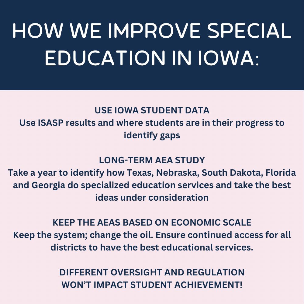 JamesCraigCCSD's tweet photo. Use the Guidehouse report findings to investigate what other states are doing for specialized educational services that could benefit Iowa students. Use AEA and DE teams to see what about the states are different. Different oversight surely isn’t what impacts student achievement. https://t.co/K1jy7hIzqJ