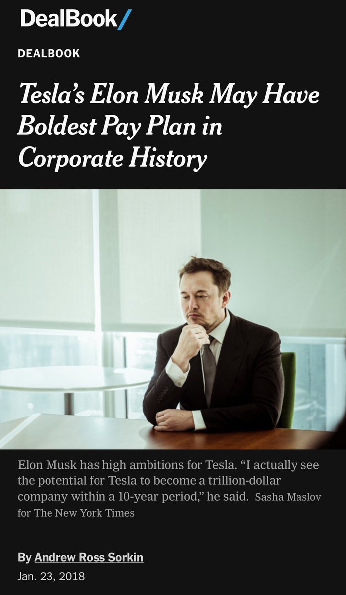 wholemars's tweet image. New York Times, January 23 2018

Tesla’s Elon Musk May Have Boldest Pay Plan in Corporate History

“If Mr. Musk were somehow to increase the value of Tesla to $650 billion — a figure many experts would contend is laughably impossible and would make Tesla one of the five largest…