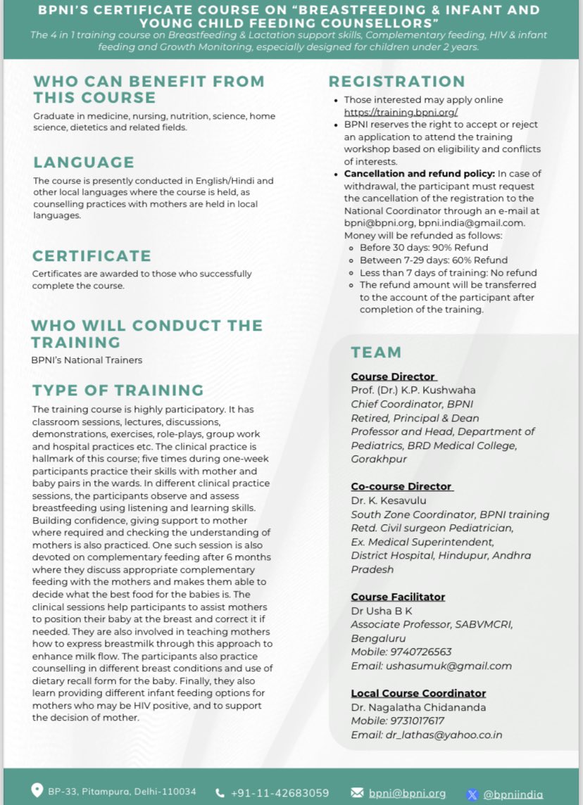 @bpniindia 7-day skill training course is announced at Bangalore. #breastfeeding Those who are interested may register. #Karnataka #Health #nutrition @MoHFW_INDIA