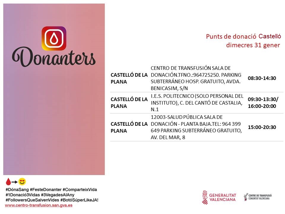 GVAdonasang's tweet photo. Punts de donació #Castelló
📅dimecres #31gener
Cada dia els nostres hospitals necessiten sang. La teua generositat permet que els malalts puguen rebre el seu tractament.
#DonaSang #FesteDonanter #ComparteixVida🩸 https://t.co/XPtD3M8ulZ